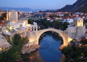 Night scenic view of Mostar City, Bosnia