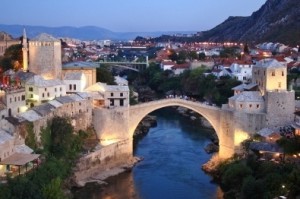 Night view over Mostar City in Bosnia