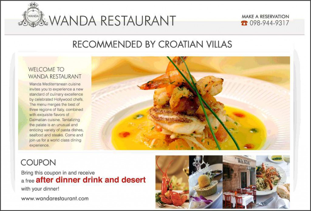 Croatian Villas voucher for Wanda Restaurant